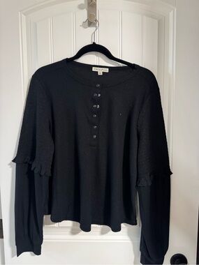 FRYE AND CO. Black Ruffle-Sleeve Henley Knit Top